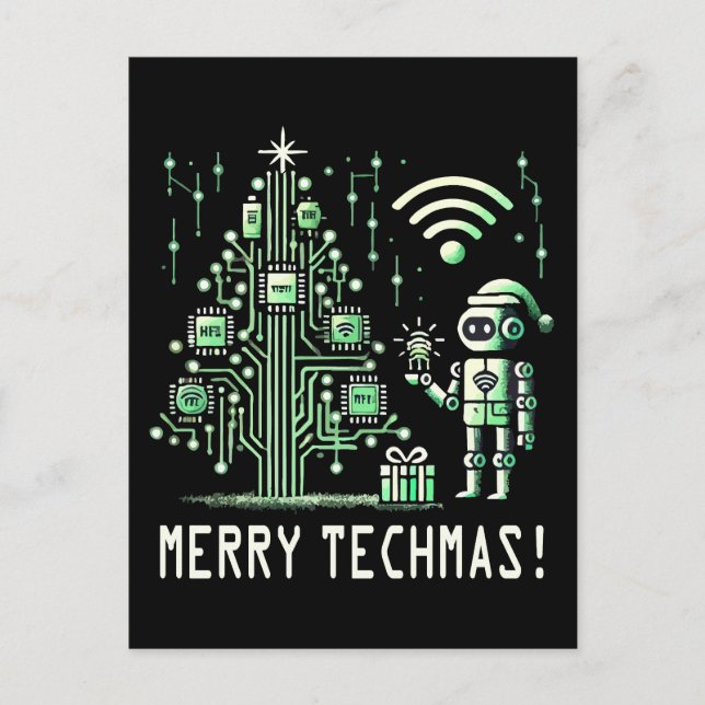 Carte Postale Robot IA avec arbre de Noël Tech - Joyeux Techmas (Devant)