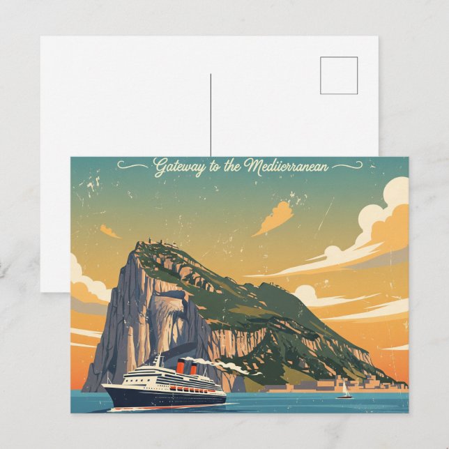 Carte Postale Rocher de Gibraltar Travel Art Poster vintage (Devant / Derrière)