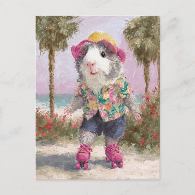Carte Postale Rollerskating Guinea Pig à la plage (Devant)