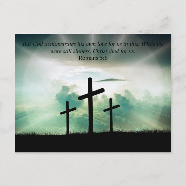 Carte Postale Romains 5:8 Verset biblique 3 Croix Ciel lumineux  (Devant)