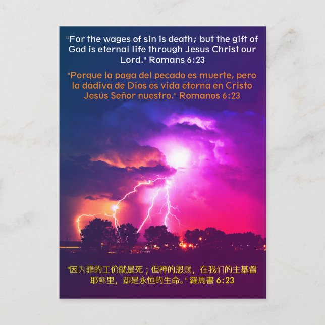 Carte Postale Romains 6:23 Verse Bible Anglais, Espagnol & Chino (Devant)