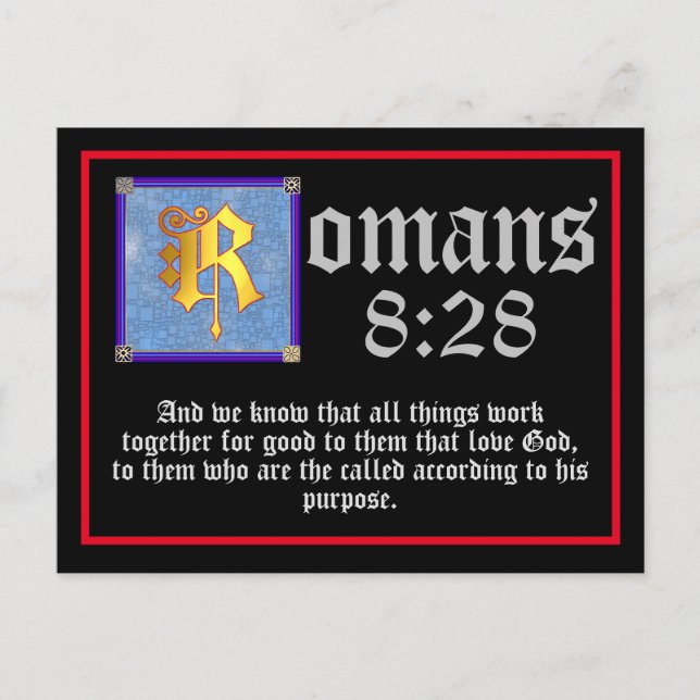 Carte Postale Romains 8 28 Lettre d'or illuminée Citation de la  (Devant)