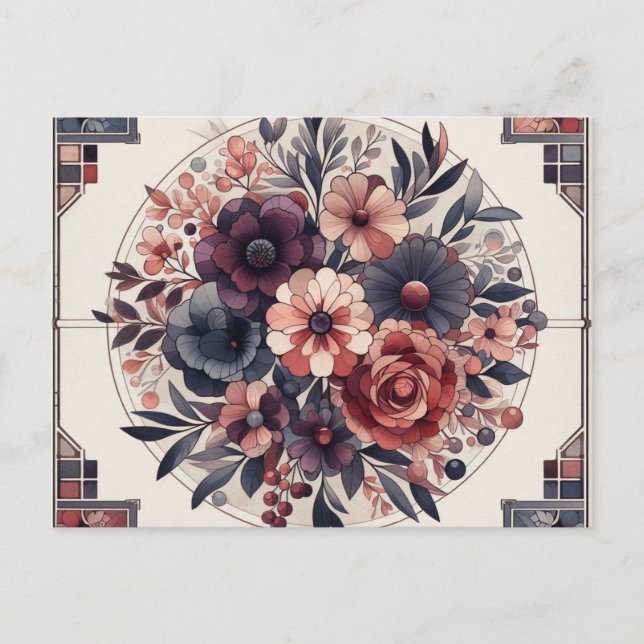 Carte Postale Romance foncée Bourgogne Art Déco Floral Été (Devant)