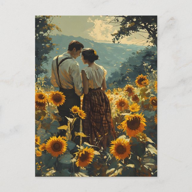 Carte Postale Romance vintage dans les champs de tournesol (Devant)
