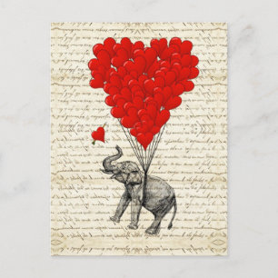 Carte Postale Romantic elephant & heart balloons
