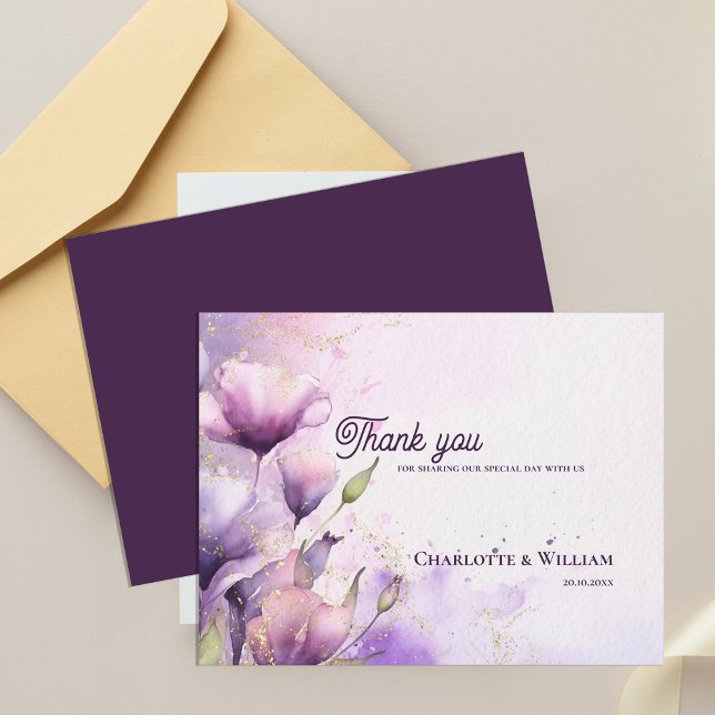 Carte Postale Romantic Lavender Floral Gold Wedding Thank You (Romantic Lavender Floral Gold Wedding Thank You Postcard)