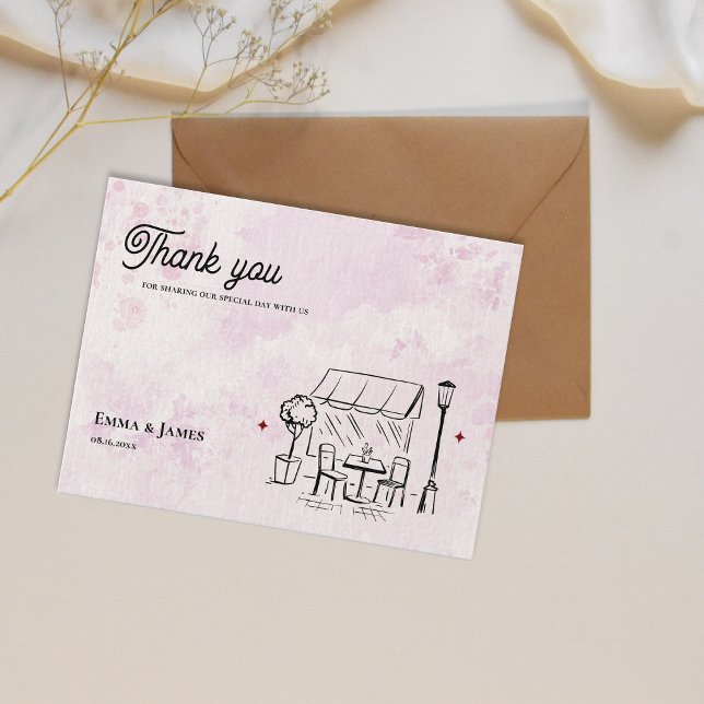 Carte Postale Romantic Pink Café Illustration Wedding Thank You (Romantic Pink Café Illustration Wedding Thank You Postcard)