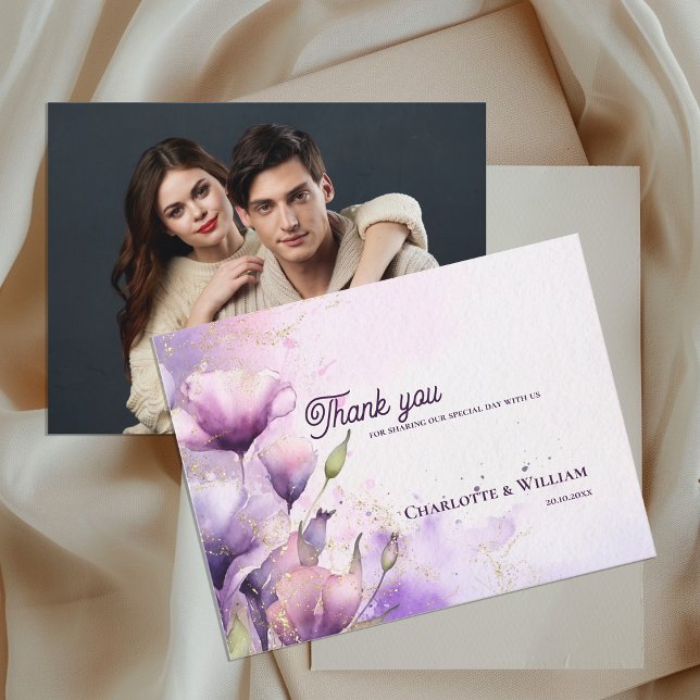 Carte Postale Romantic Purple Floral Photo Wedding Thank You (Romantic Purple Floral Photo Wedding Thank You Postcard)