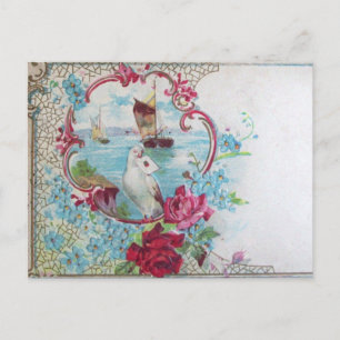 CARTE POSTALE ROMANTICA /ROSE, FLEURS BLEUES, DOUCHE AVEC LETTRE