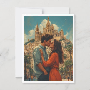 Carte Postale Romantique Barcelona Couple Baiser