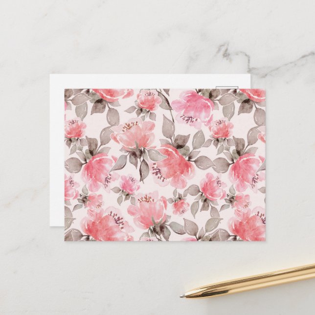 Carte Postale Romantique, élégant, aquarelle roses (Devant/Arrière en situation)