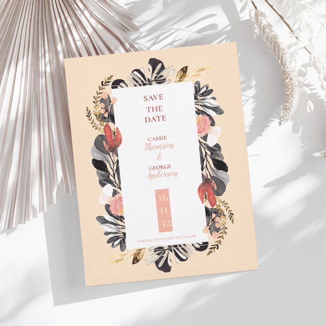 Carte Postale Romantique Fleurs Noires sur Fond Rose Mariage Épa (Romantic Blush Black Floral Wedding Save the Date Postcard)