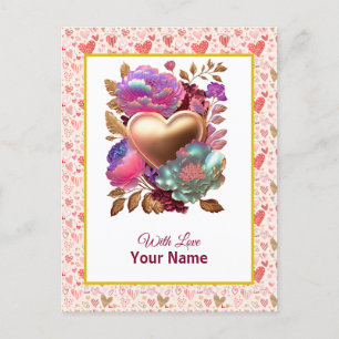 Carte Postale Romantique Floral et Coeur d'or