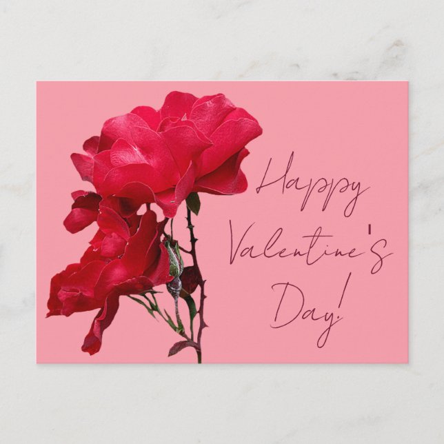 Carte Postale Romantique Happy Valentine rouge fleurs de rose fl (Devant)