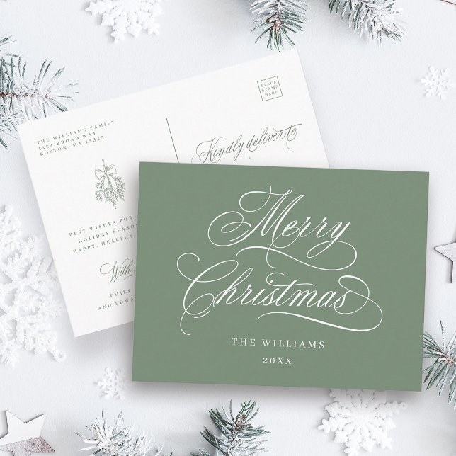 Carte Postale Romantique Joyeux Noël Script Silencieux Vert Sage (Front & Back)