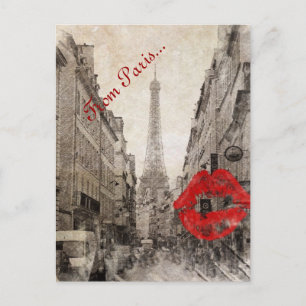 Carte Postale romantique Lèvres rouges Kiss J'aime paris tour ei