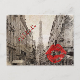 Carte Postale romantique Lèvres rouges Kiss J'aime paris tour ei