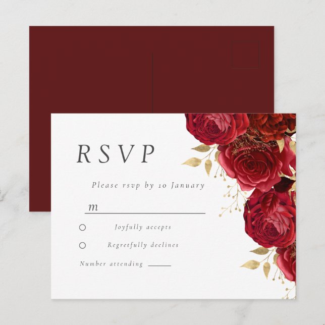 Carte Postale Romantique Red Roses Mariage feuille or (Devant / Derrière)