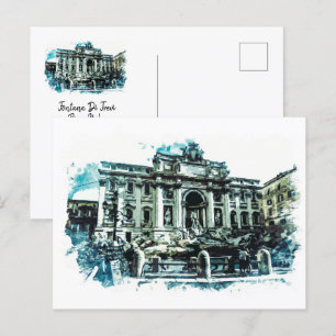 Carte Postale ROME Italie Trevi Fontaine aquarelle Peinture Roma