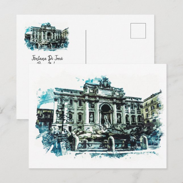 Carte Postale ROME Italie Trevi Fontaine aquarelle Peinture Roma (Devant / Derrière)