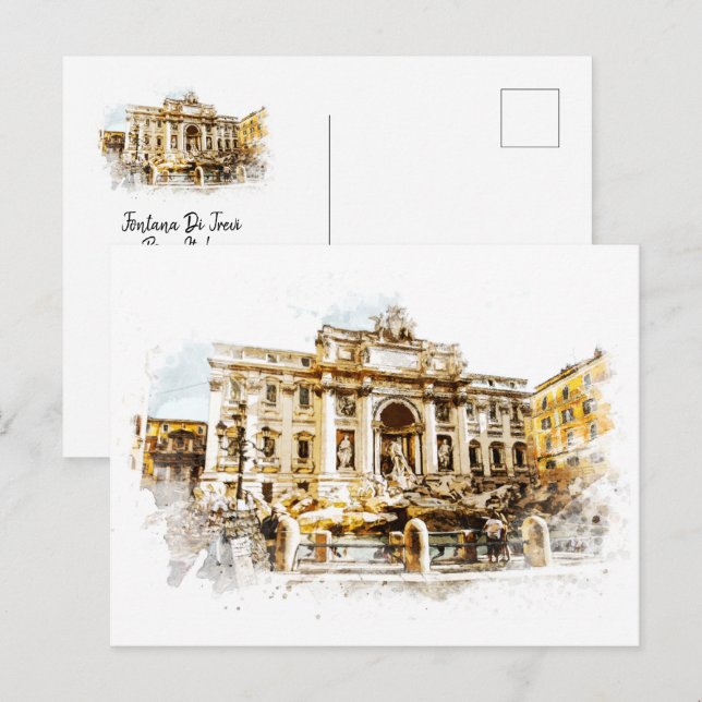 Carte Postale ROME Italie Trevi Fontaine aquarelle Peinture Roma (Devant / Derrière)