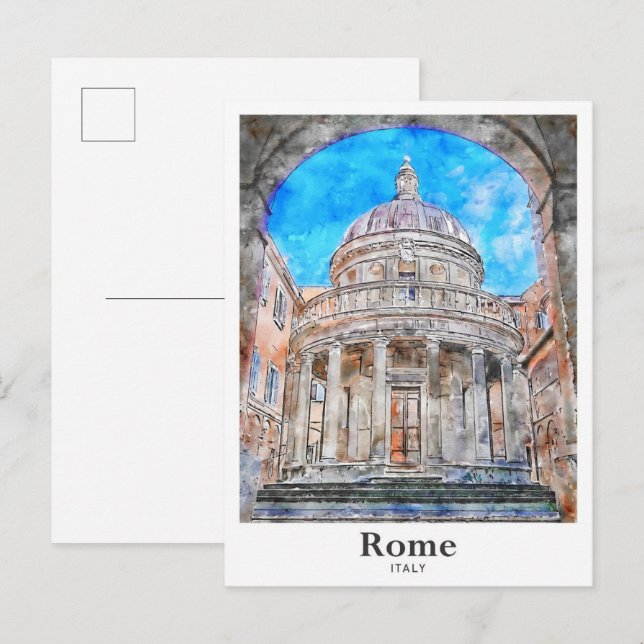 Carte Postale Rome Italie Voyage Aquarelle main tiré (Devant / Derrière)