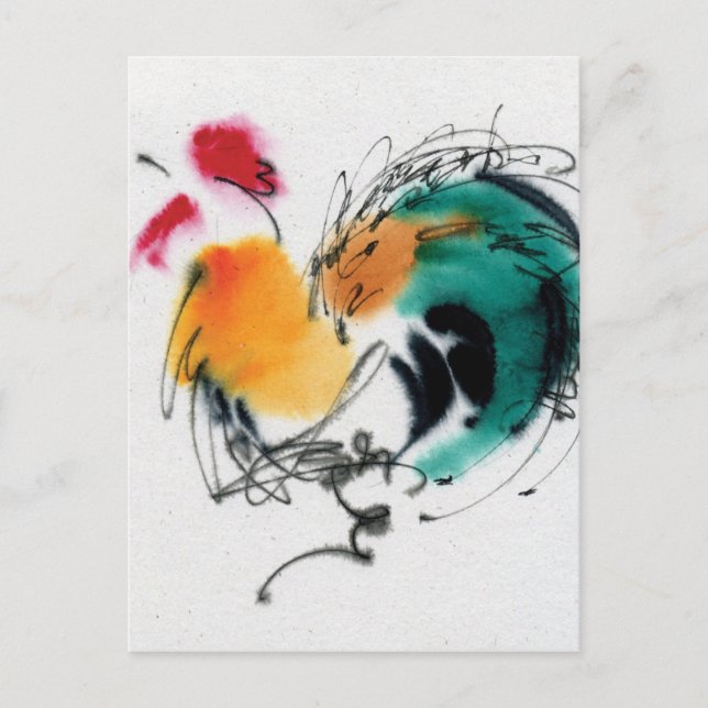Carte Postale Rooster coloré. Calligraphie et aquarelle. (Devant)