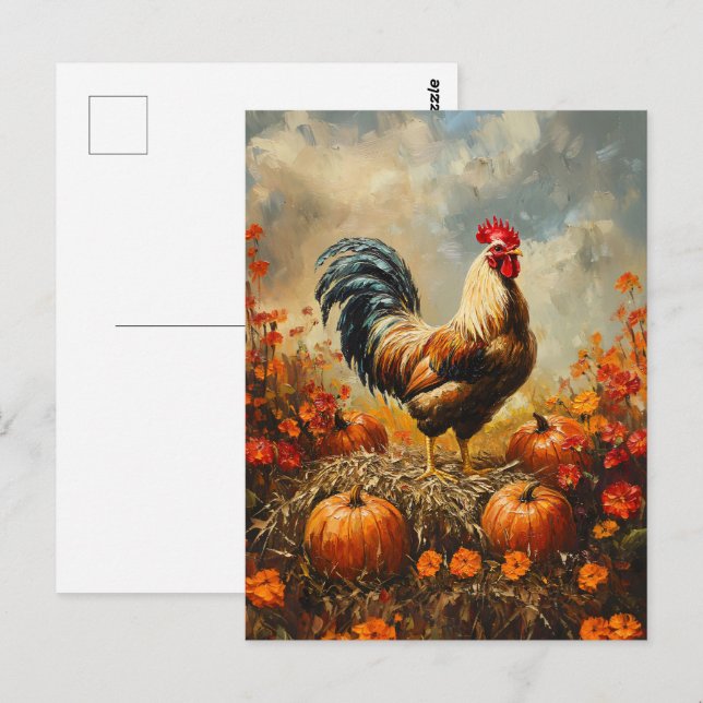 Carte Postale Rooster d'automne avec Citrouille (Devant / Derrière)