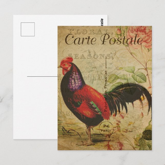 Carte Postale Rooster rouge vintage (Devant / Derrière)