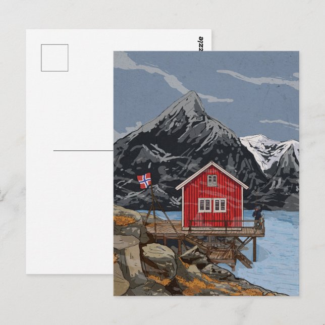 Carte Postale Rorbu Lofoten Bergen Norvège Illustration du paysa (Devant / Derrière)