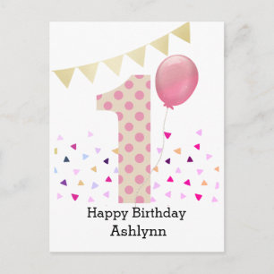 Carte Postale Rose 1er anniversaire fille