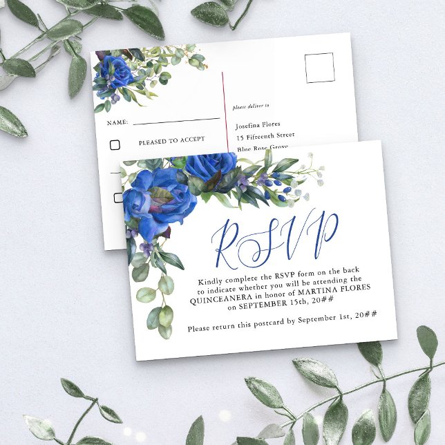 Carte Postale Rose bleu Elegant Quinceanera Pré-Adressé RSVP (Elegant RSVP Postcard from my Rose and Eucalyptus Quinceanera collection)