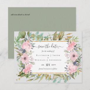 Carte Postale Rose Blush Floral Sage Vert Économie Dates