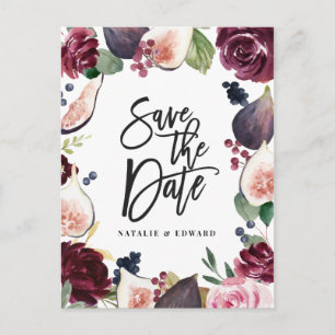 Carte Postale Rose, bordeaux et fig floral enregistrer la date