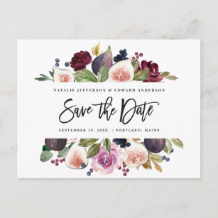 Carte Postale Rose, bordeaux + fig floral enregistrer la date mo