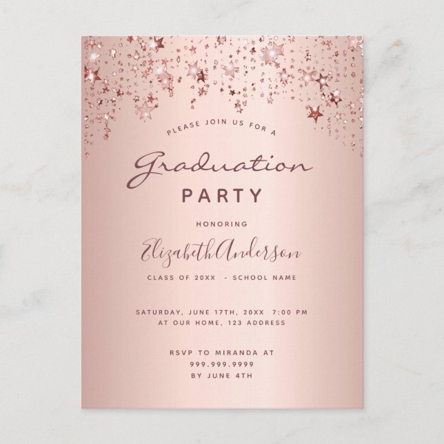 Carte Postale Rose de la fête de graduation or étoiles invitatio (Devant)