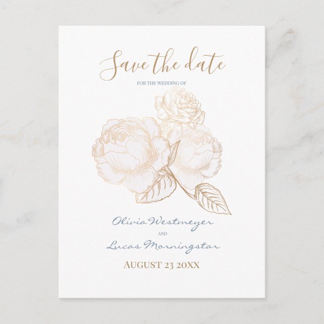 Carte Postale Rose doré Dusty Blue Ivory Enregistrer la date (Devant)