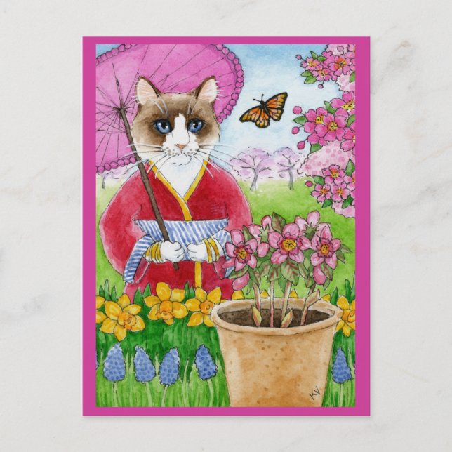 Carte postale rose du jardin du chat mignon (Devant)