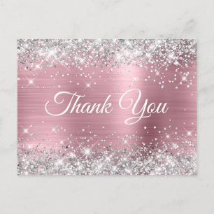 Carte Postale Rose et Argent Paillettes 40ème Anniversaire Merci