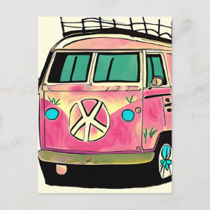 Carte Postale Rose et bleu Retro Hippie Van Art Vintage