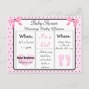 Carte postale rose et noire d'invitation de baby