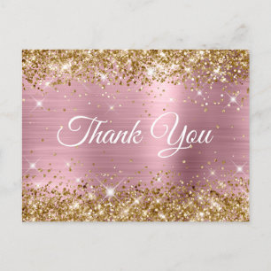 Carte Postale Rose et Or Paillettes Feuille de 40e Anniversaire