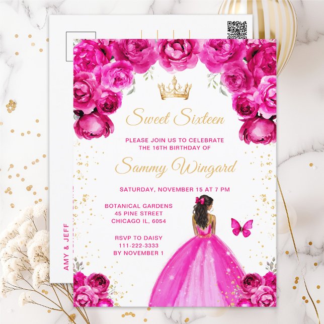 Carte Postale Rose Foncé Princesse à Peau Mate Seize Ans Douce (Créateur téléchargé)