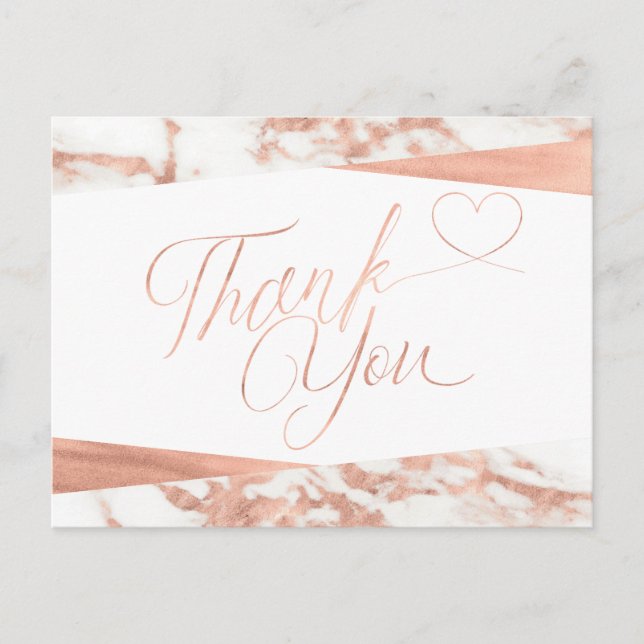 Carte Postale Rose Gold Blanc Marbre Script Merci (Devant)