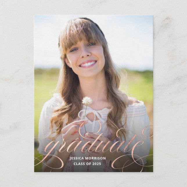 Carte Postale Rose Gold Calligraphie superposition photo Graduat (Devant)