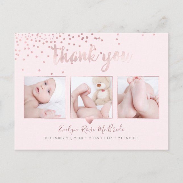 Carte Postale Rose Gold Confetti Chic Brush Script Merci (Devant)