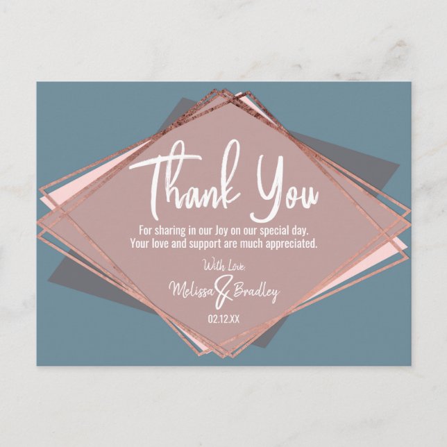 Carte Postale Rose Gold Dusty Blue Mauve Merci géométrique (Devant)