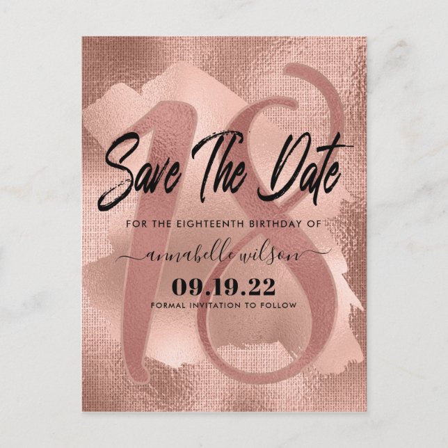 Carte Postale Rose Gold Faux Foil 18e anniversaire Enregistrer l (Devant)