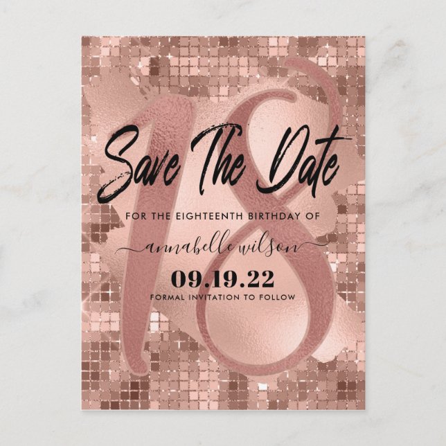 Carte Postale Rose Gold Faux Foil 18e anniversaire Enregistrer l (Devant)