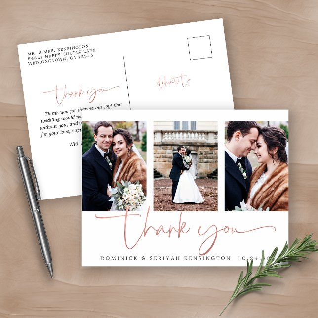 Carte Postale Rose Gold Foil Script Photo Mariage Merci (Créateur téléchargé)